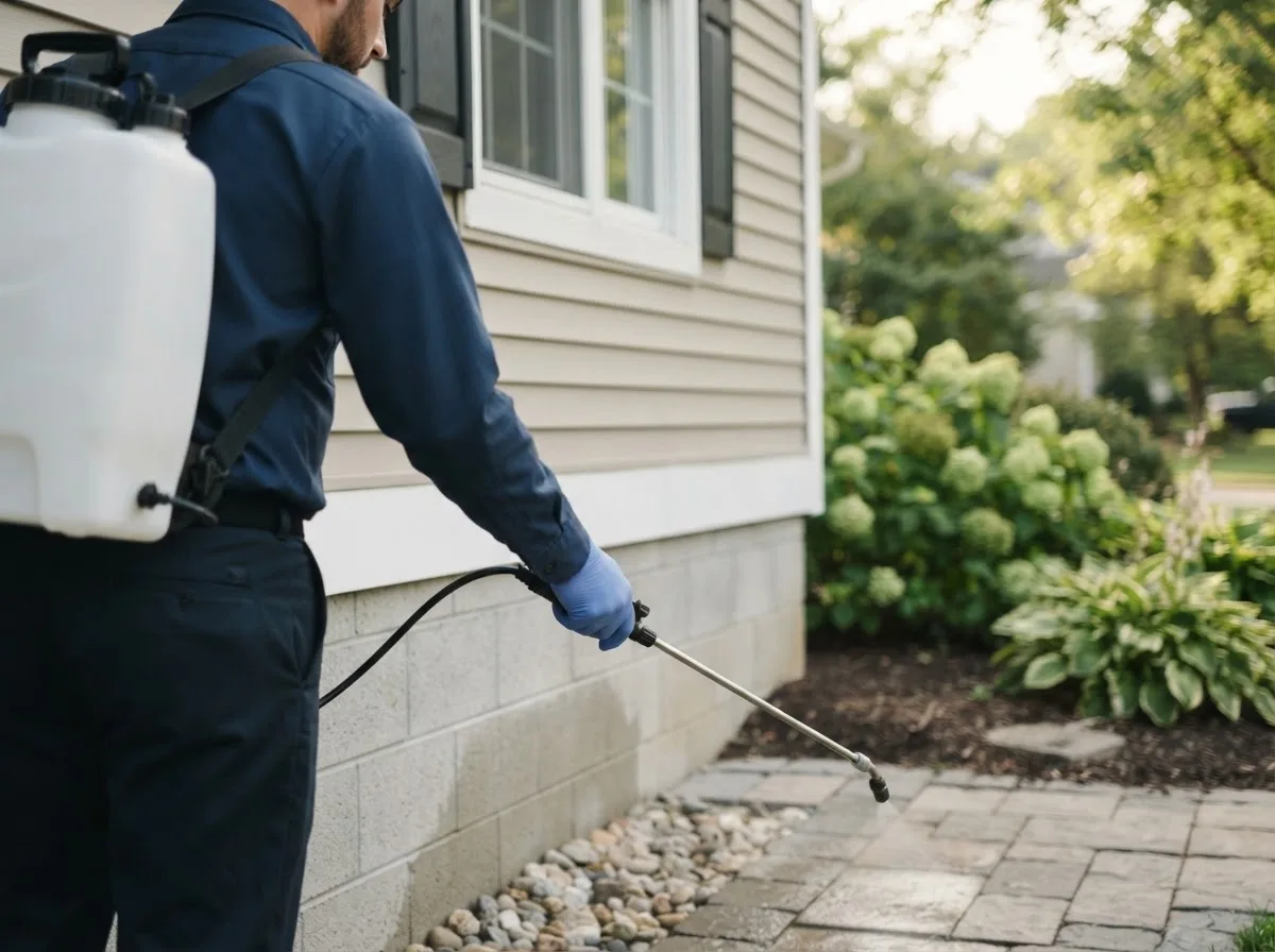 Pest control technician inspecting a home in Spalding, NE